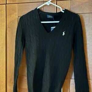 Ralph Lauren Woman V-Neck black Cable Wool Cashmere Sz XS / TP Sweater